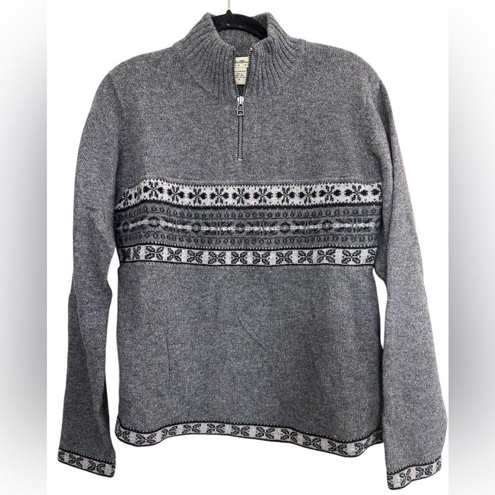 Eddie Bauer Sweater Womens Medium Gray 100% Lambswool Fair Isle 1/4 Zip Nordic